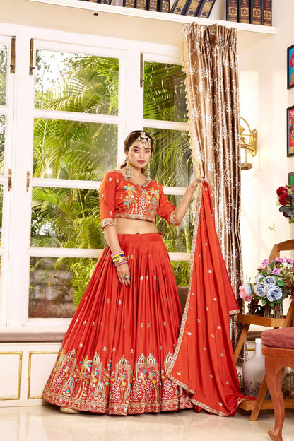 Designer Pure Crepe Silk Wedding Wear Orange Lehenga Choli