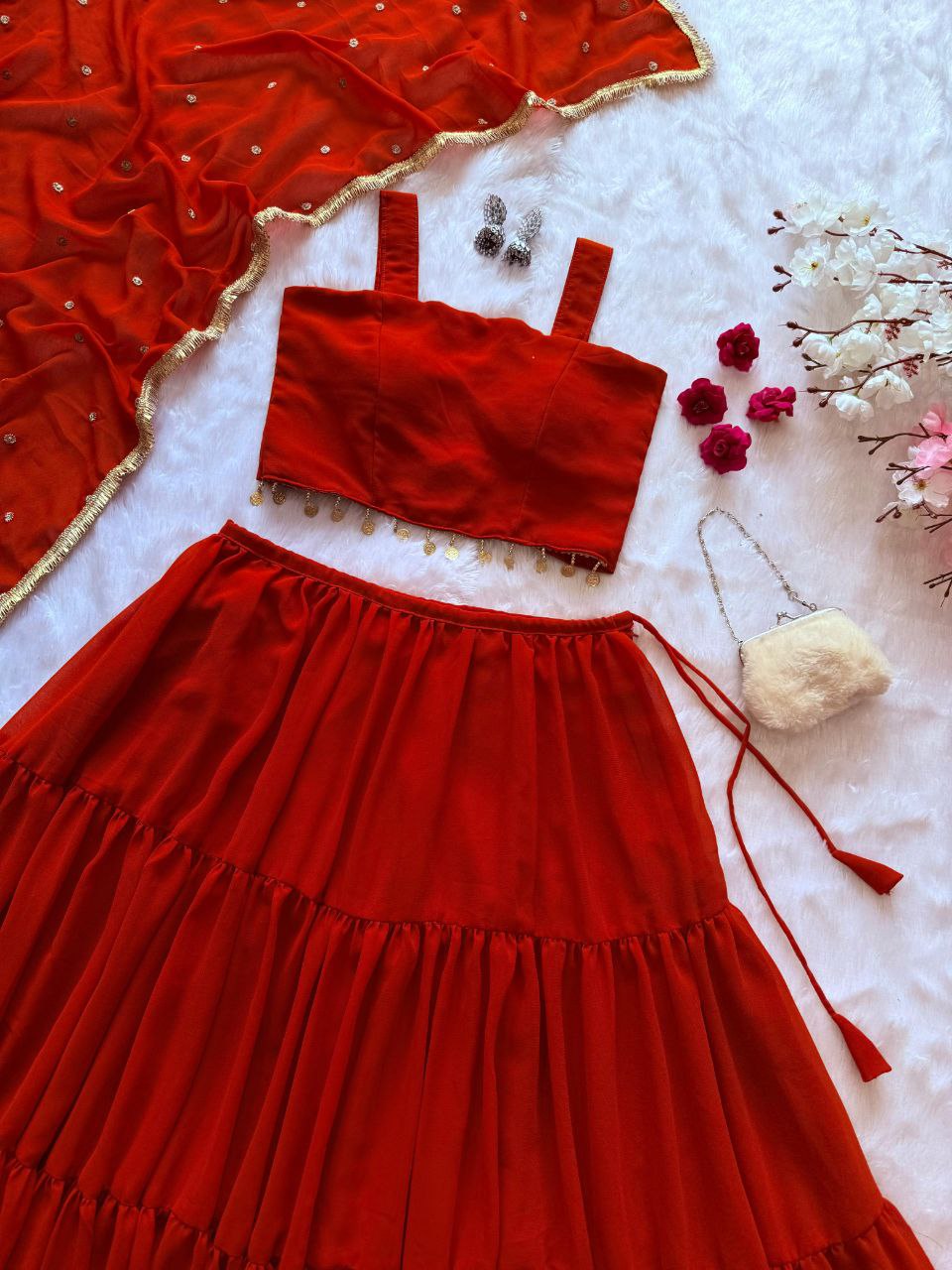 Elegant Dark Red Color Pure Georgette Ready To Wear Lehenga Set