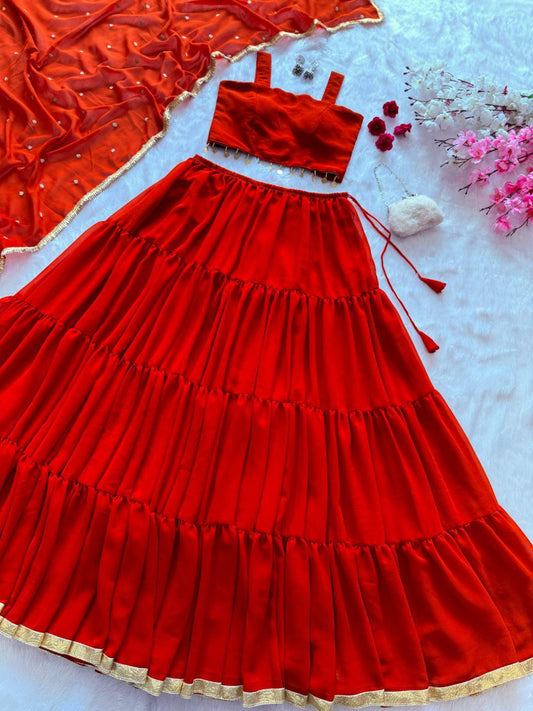 Elegant Dark Red Color Pure Georgette Ready To Wear Lehenga Set