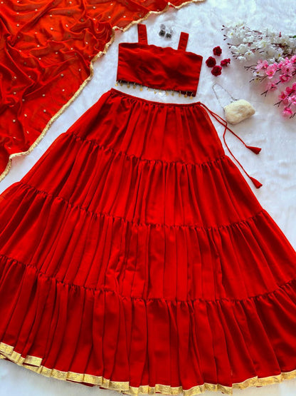 Elegant Dark Red Color Pure Georgette Ready To Wear Lehenga Set