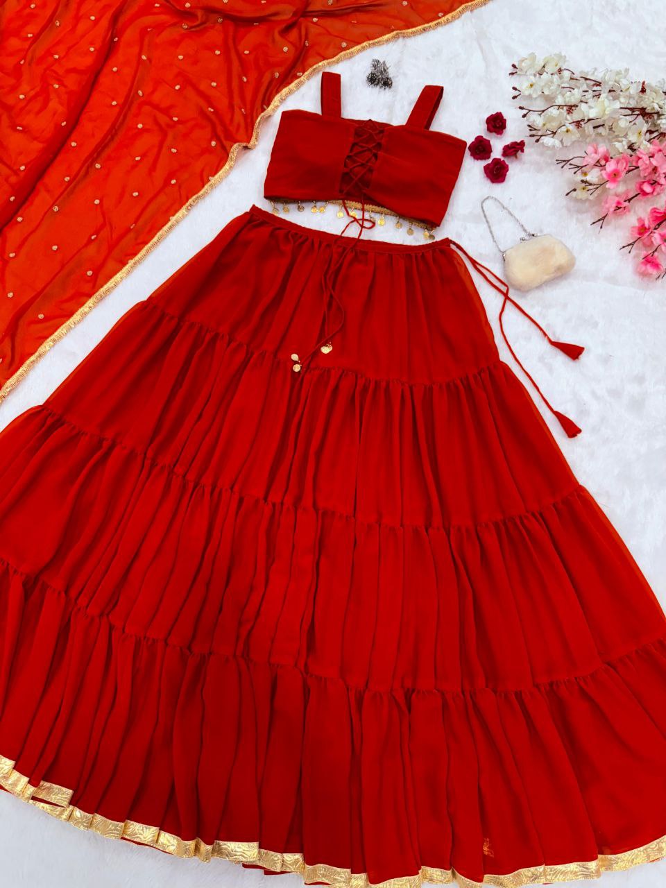 Elegant Dark Red Color Pure Georgette Ready To Wear Lehenga Set