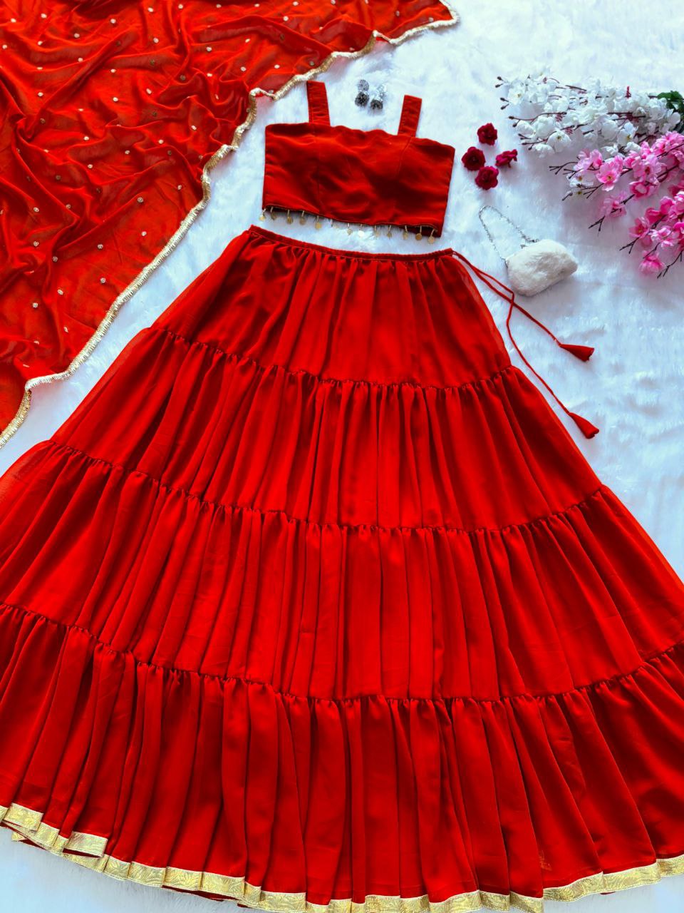 Elegant Dark Red Color Pure Georgette Ready To Wear Lehenga Set