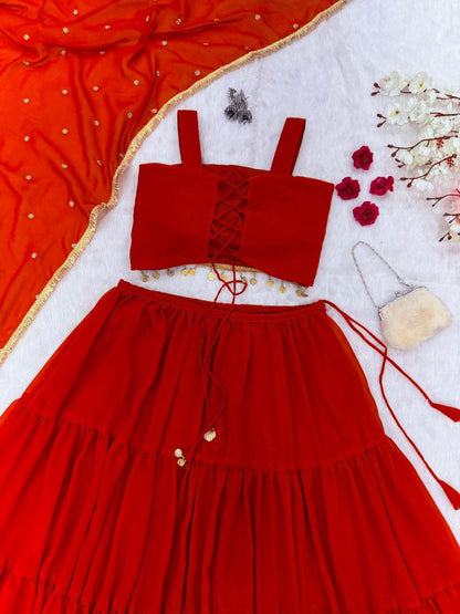Elegant Dark Red Color Pure Georgette Ready To Wear Lehenga Set