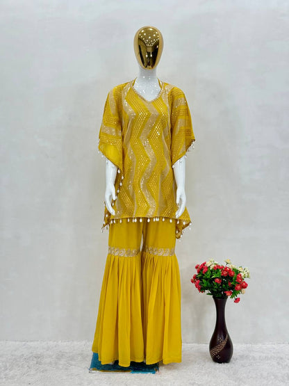 Haldi Wear Yellow Color Heavy Faux Georgette Heavy Embroidered Sequins Work Sharara Suit With Choli And Kaftan