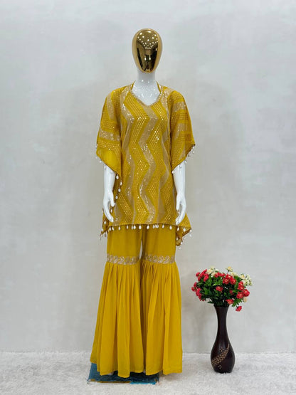 Haldi Wear Yellow Color Heavy Faux Georgette Heavy Embroidered Sequins Work Sharara Suit With Choli And Kaftan