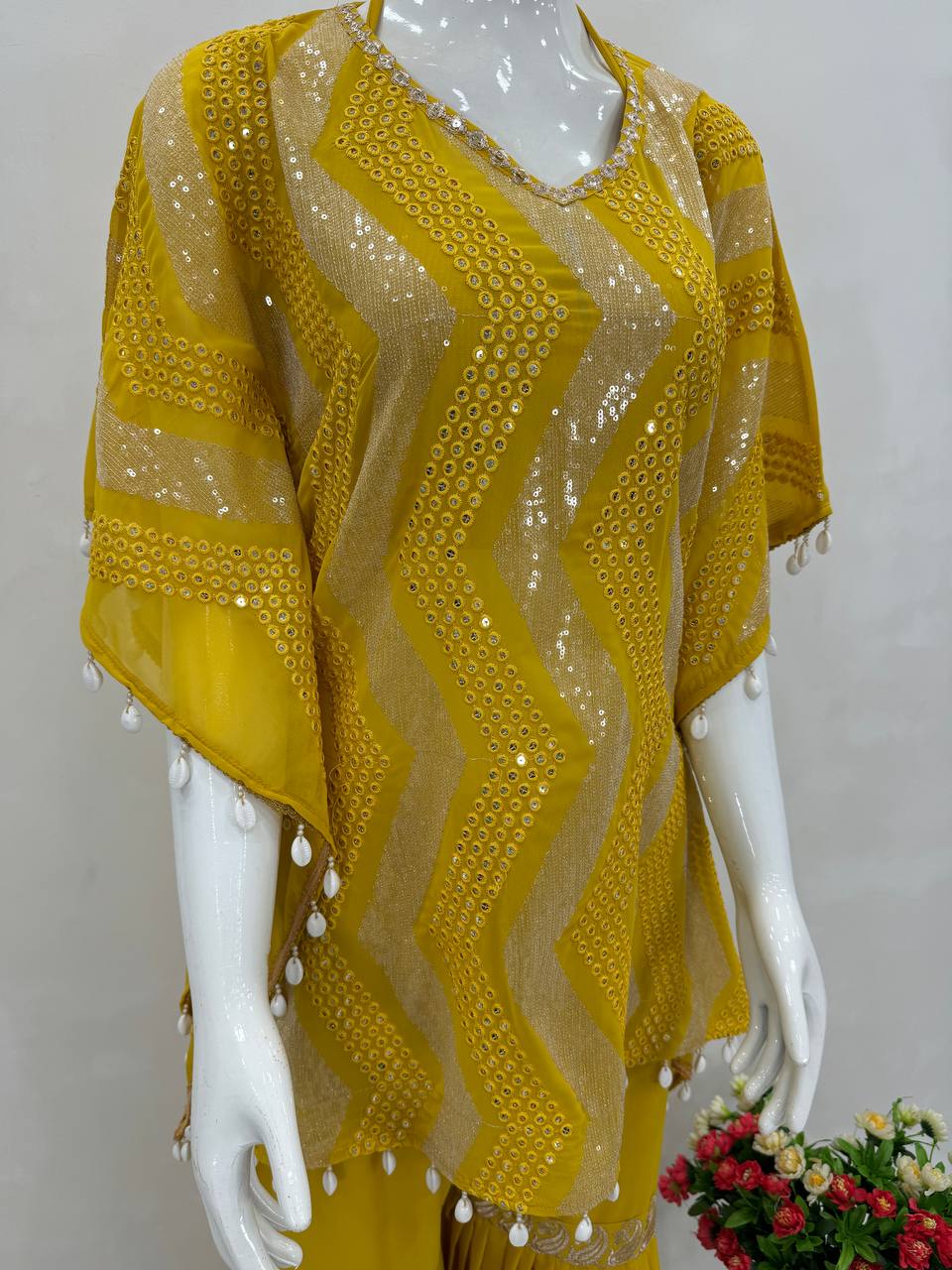 Haldi Wear Yellow Color Heavy Faux Georgette Heavy Embroidered Sequins Work Sharara Suit With Choli And Kaftan