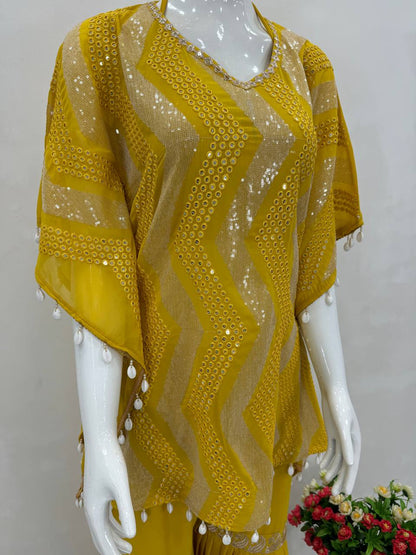 Haldi Wear Yellow Color Heavy Faux Georgette Heavy Embroidered Sequins Work Sharara Suit With Choli And Kaftan