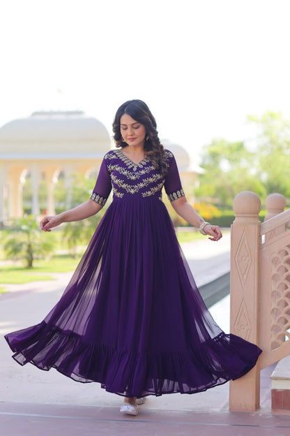 Purple Color Embroidered Designer Gown