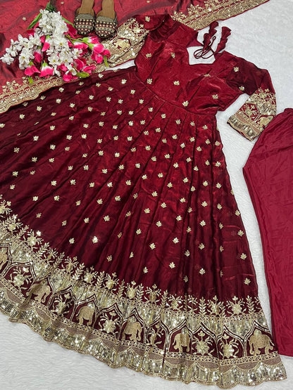 Alluring Maroon Color Embroidered Desiger Anarkali Suit