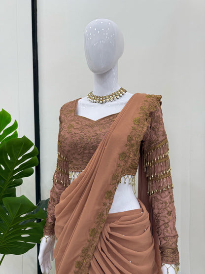 Stunning Beige Color Faux Georgette And Thread With Sequence Work Ready To Wear Lehenga Saree