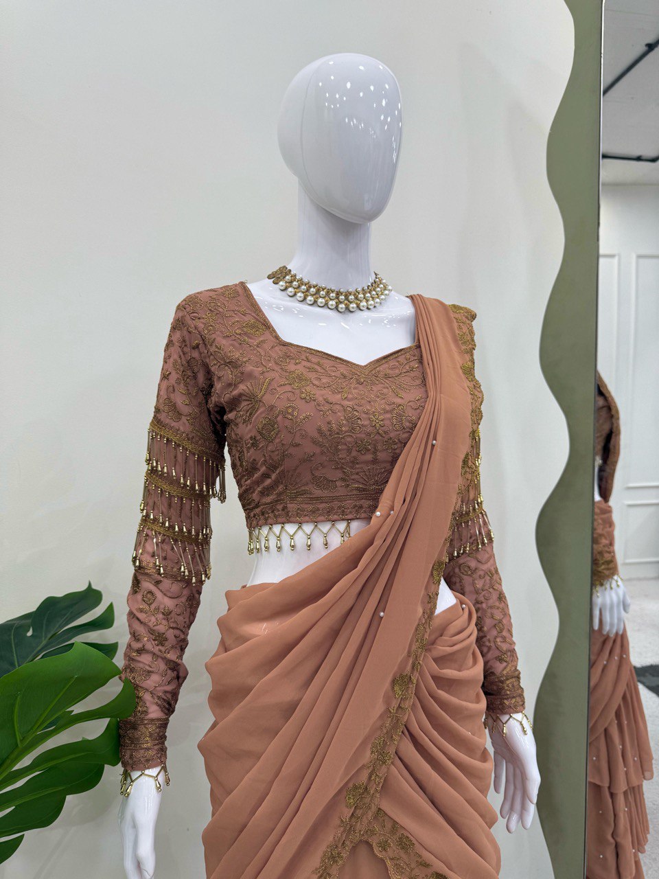 Stunning Beige Color Faux Georgette And Thread With Sequence Work Ready To Wear Lehenga Saree