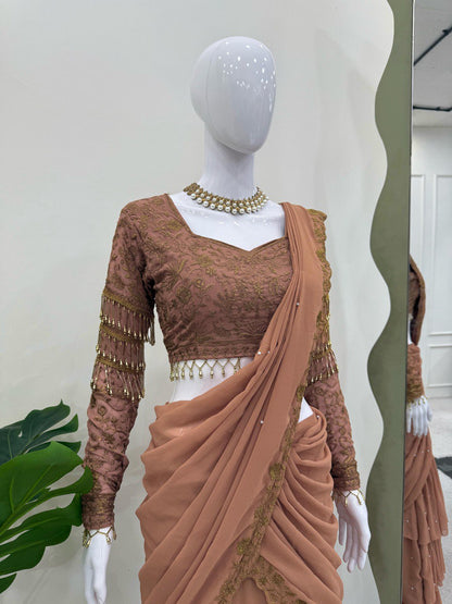 Stunning Beige Color Faux Georgette And Thread With Sequence Work Ready To Wear Lehenga Saree