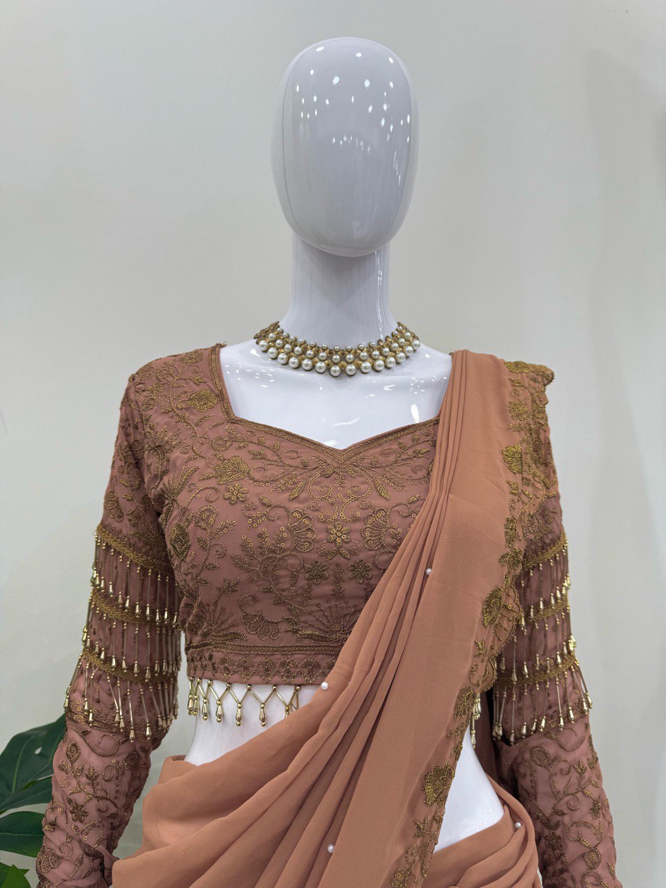 Stunning Beige Color Faux Georgette And Thread With Sequence Work Ready To Wear Lehenga Saree