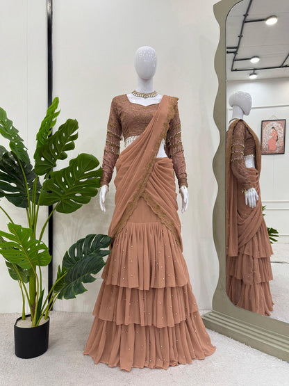 Stunning Beige Color Faux Georgette And Thread With Sequence Work Ready To Wear Lehenga Saree