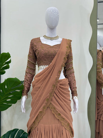 Stunning Beige Color Faux Georgette And Thread With Sequence Work Ready To Wear Lehenga Saree