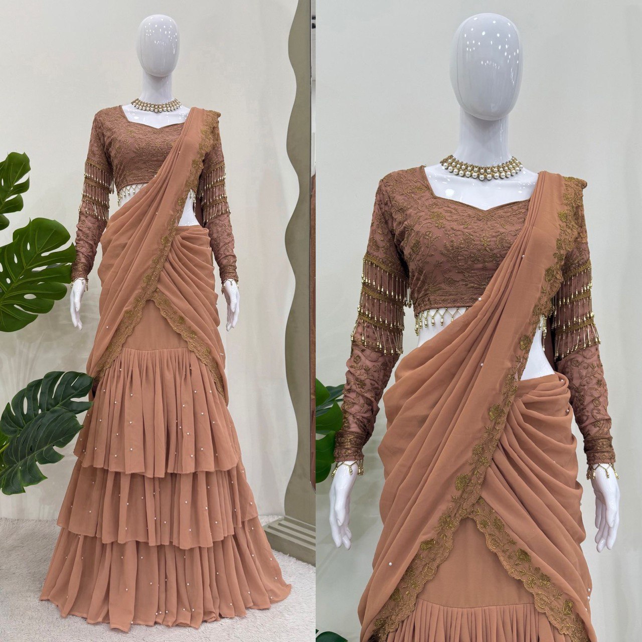 Stunning Beige Color Faux Georgette And Thread With Sequence Work Ready To Wear Lehenga Saree