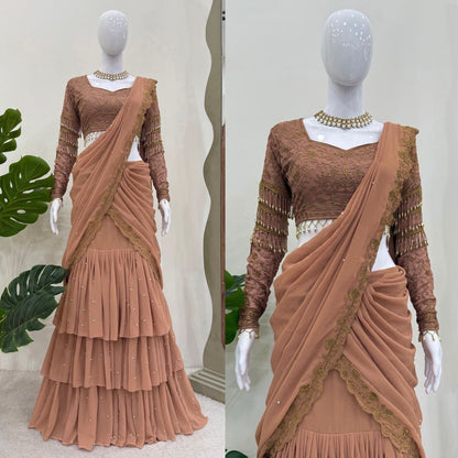Stunning Beige Color Faux Georgette And Thread With Sequence Work Ready To Wear Lehenga Saree