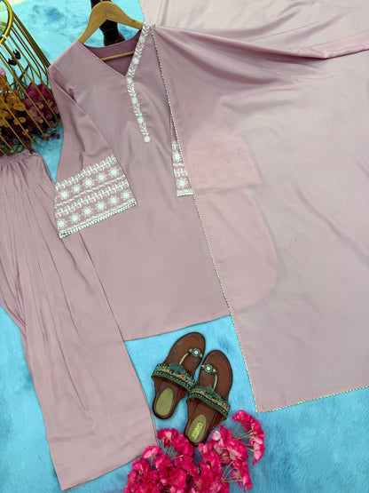 Casual Wear Dusty Peach Color Natural Satin With Embroidery Work Beautiful Palazzo Suit