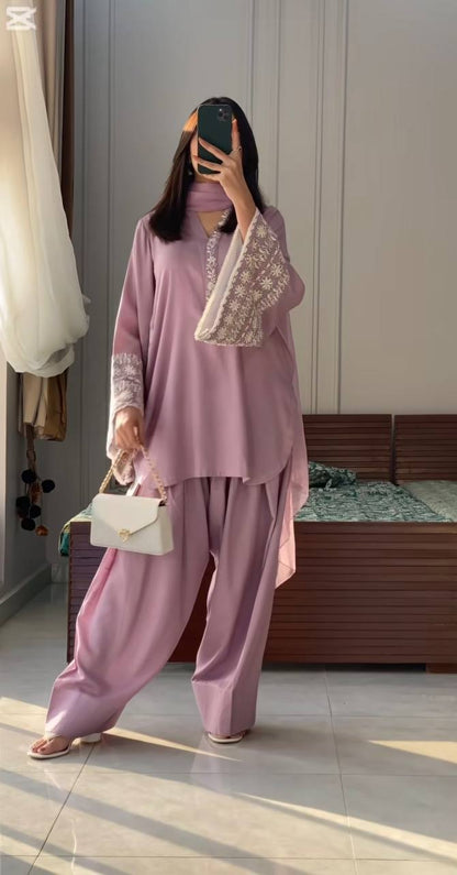Casual Wear Dusty Peach Color Natural Satin With Embroidery Work Beautiful Palazzo Suit
