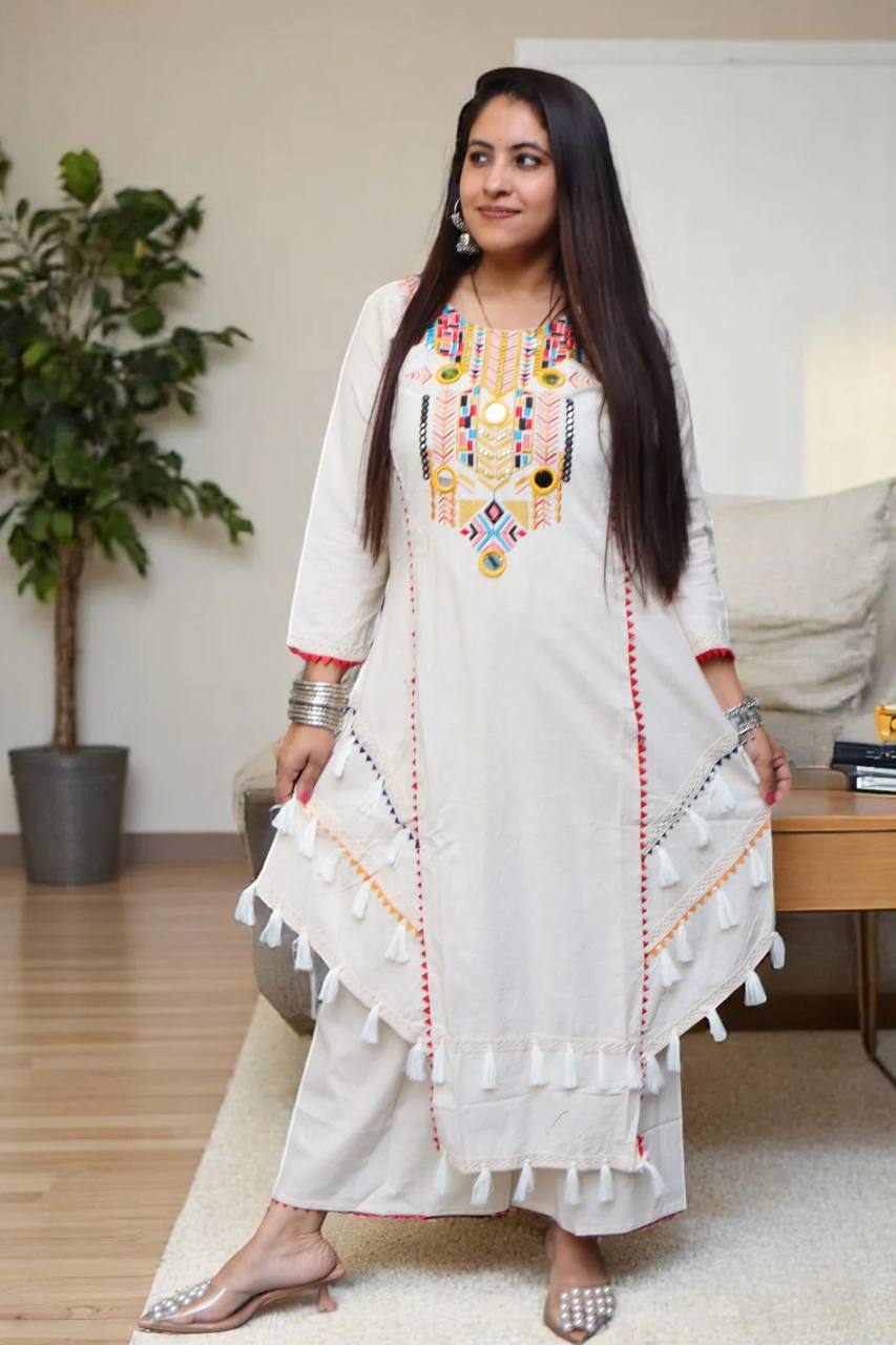 Gorgeous Off White Color Embroidered Khadi Cotton Co-ord Set