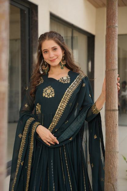 Neha's Wear Teal Color Embroidery Work Designer Gown