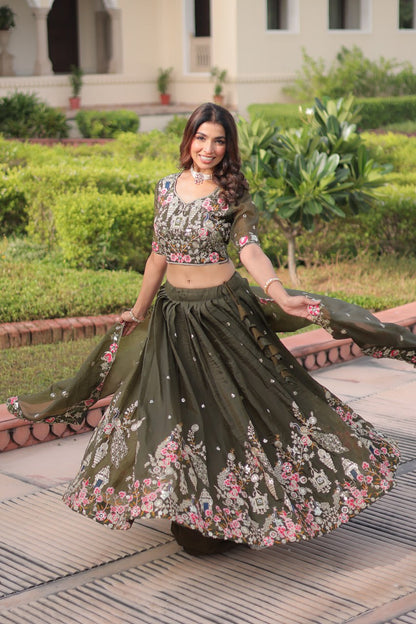 Wedding Wear Green Color Emroidered Sequence Work Lehenga Set