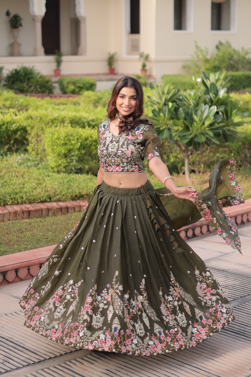 Wedding Wear Green Color Emroidered Sequence Work Lehenga Set