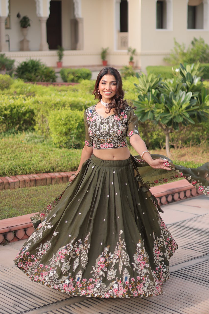 Wedding Wear Green Color Emroidered Sequence Work Lehenga Set