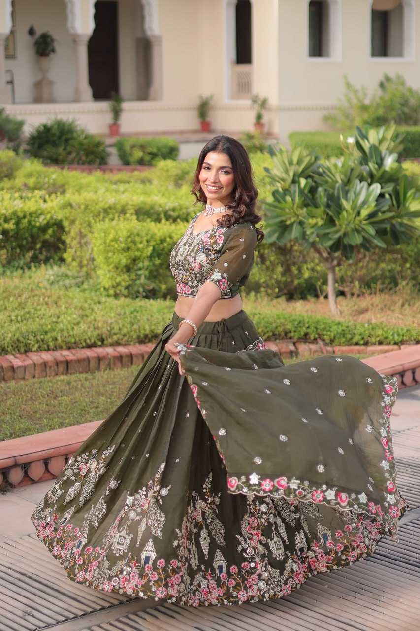 Wedding Wear Green Color Emroidered Sequence Work Lehenga Set
