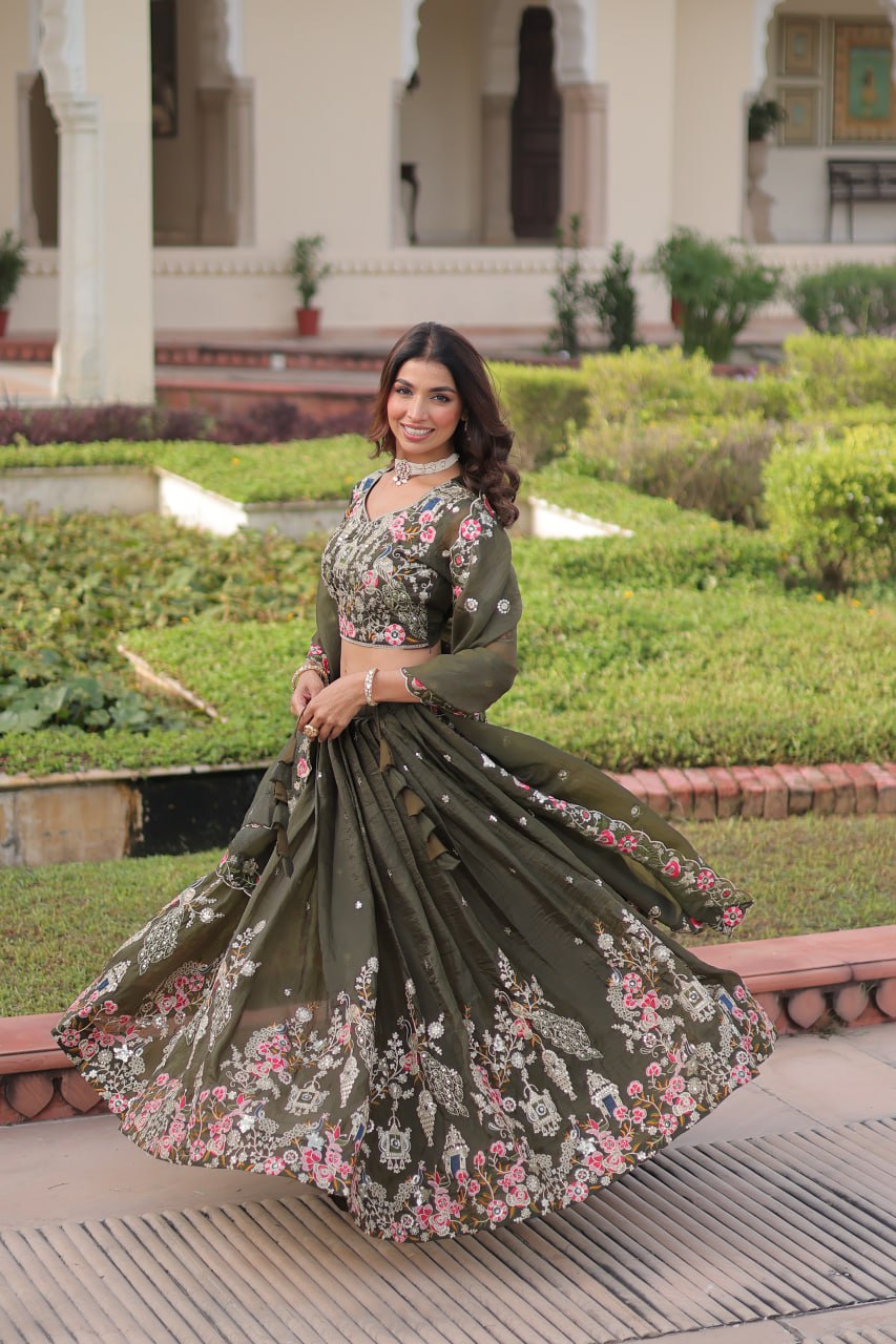 Wedding Wear Green Color Emroidered Sequence Work Lehenga Set
