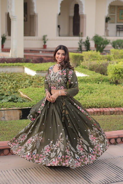 Wedding Wear Green Color Emroidered Sequence Work Lehenga Set