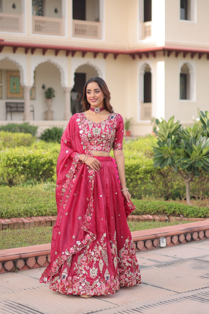 Party Wear Pink Color Emroidered Sequence Work Lehenga Set