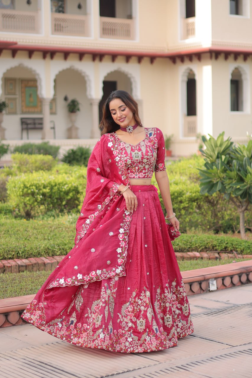 Party Wear Pink Color Emroidered Sequence Work Lehenga Set