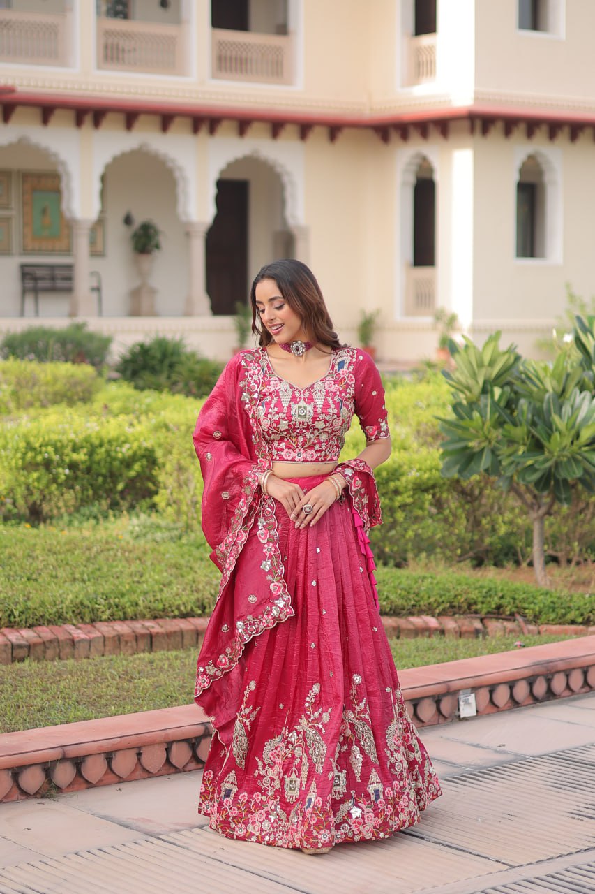 Party Wear Pink Color Emroidered Sequence Work Lehenga Set