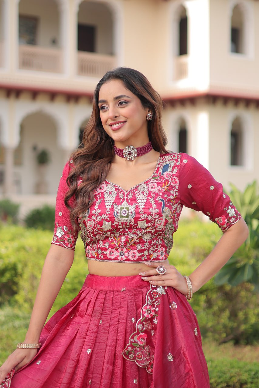 Party Wear Pink Color Emroidered Sequence Work Lehenga Set