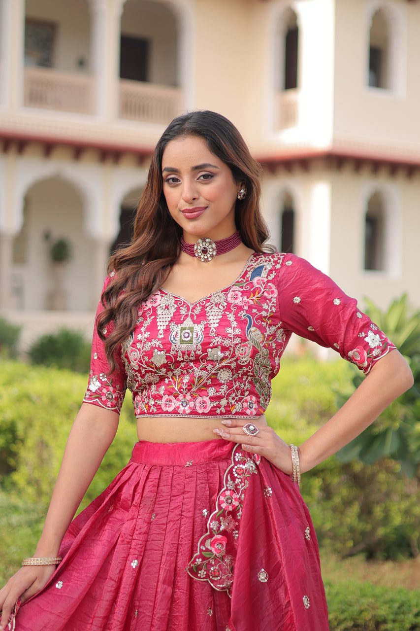 Party Wear Pink Color Emroidered Sequence Work Lehenga Set
