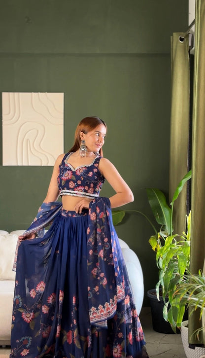 Lovely Blue Color Soft Fox Georgette Floral Printed Lehenga Choli