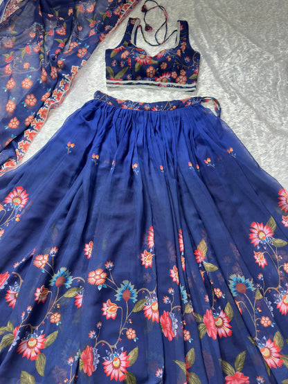 Lovely Blue Color Soft Fox Georgette Floral Printed Lehenga Choli