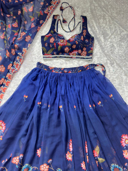 Lovely Blue Color Soft Fox Georgette Floral Printed Lehenga Choli