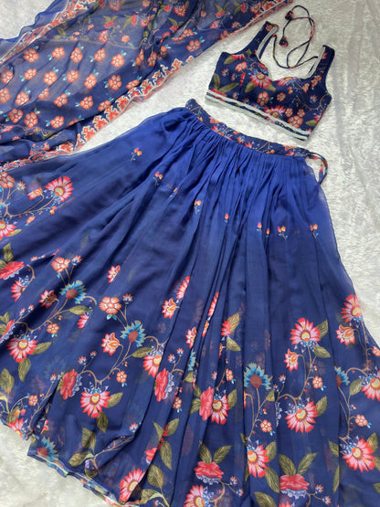 Lovely Blue Color Soft Fox Georgette Floral Printed Lehenga Choli