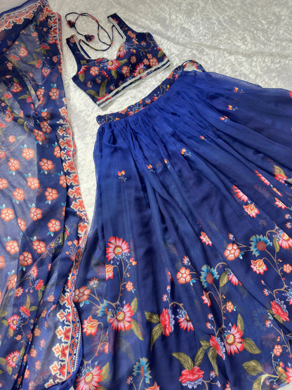 Lovely Blue Color Soft Fox Georgette Floral Printed Lehenga Choli