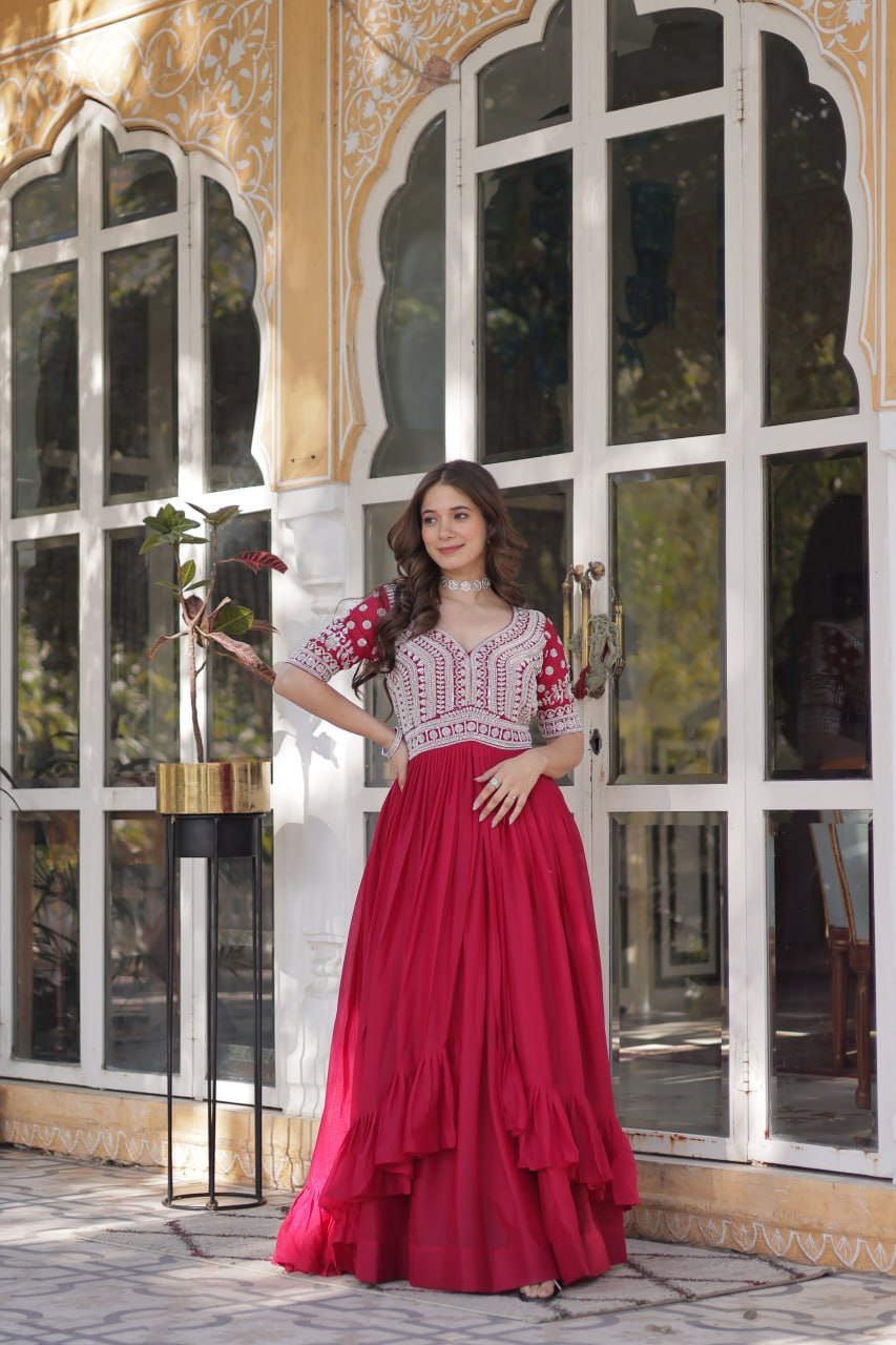 Celebrity Style Red Color Star Georgette With Embroidery Beads Sequins Work Kurti With Lehenga