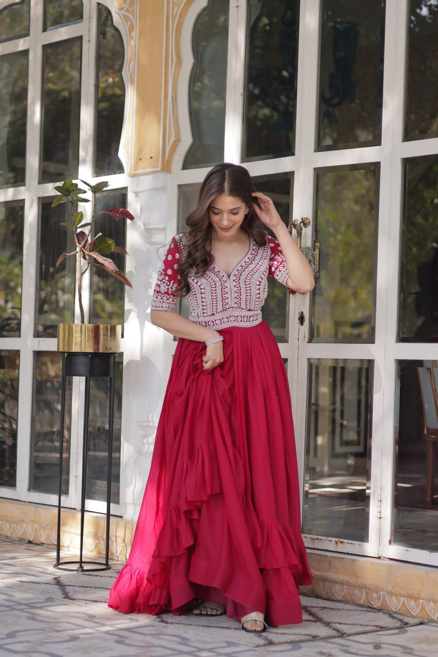 Celebrity Style Red Color Star Georgette With Embroidery Beads Sequins Work Kurti With Lehenga