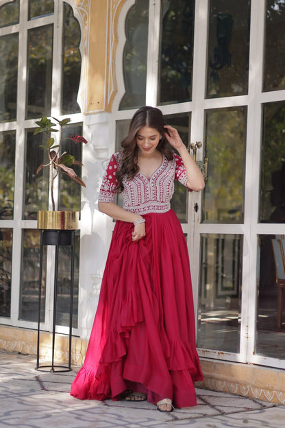 Celebrity Style Red Color Star Georgette With Embroidery Beads Sequins Work Kurti With Lehenga