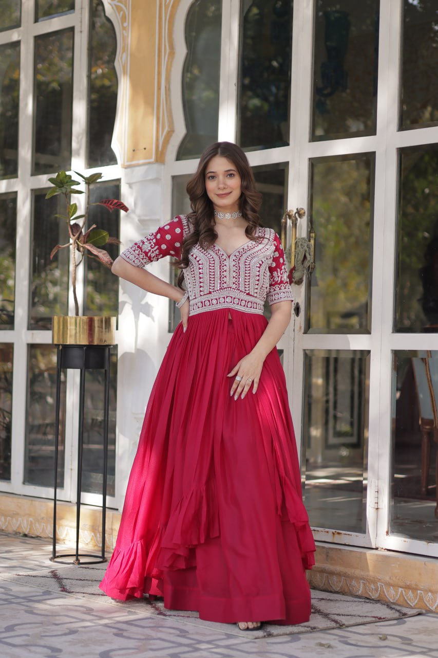 Celebrity Style Red Color Star Georgette With Embroidery Beads Sequins Work Kurti With Lehenga
