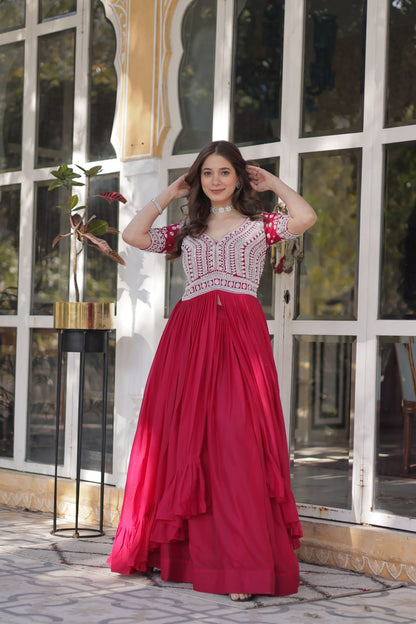 Celebrity Style Red Color Star Georgette With Embroidery Beads Sequins Work Kurti With Lehenga