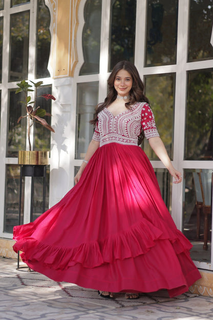Celebrity Style Red Color Star Georgette With Embroidery Beads Sequins Work Kurti With Lehenga