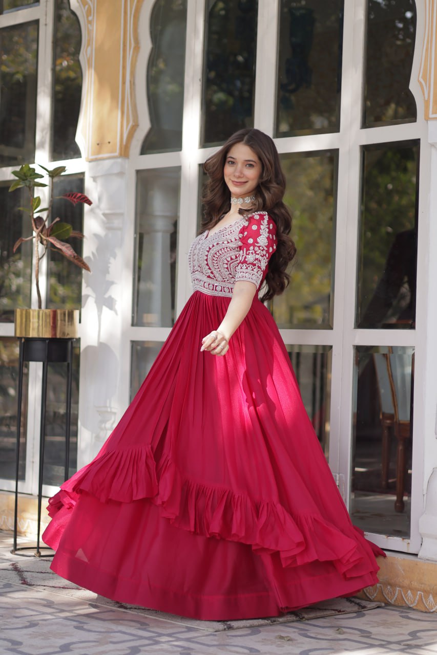 Celebrity Style Red Color Star Georgette With Embroidery Beads Sequins Work Kurti With Lehenga