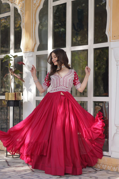 Celebrity Style Red Color Star Georgette With Embroidery Beads Sequins Work Kurti With Lehenga