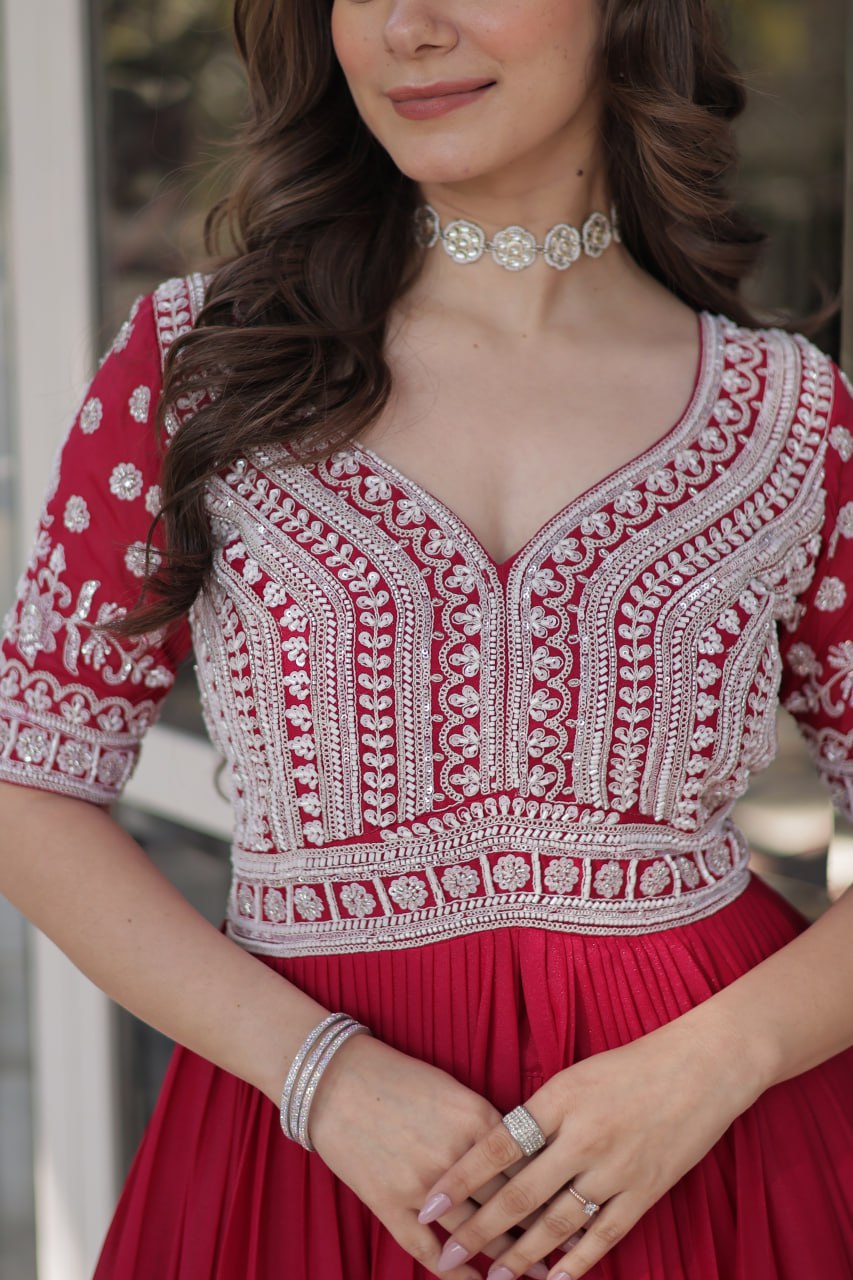 Celebrity Style Red Color Star Georgette With Embroidery Beads Sequins Work Kurti With Lehenga